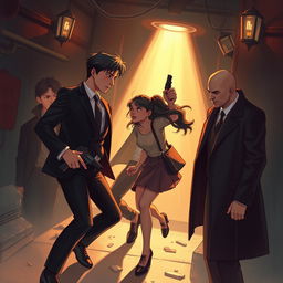 A thrilling and romantic illustration capturing the love story between a courageous girl and a dashing secret agent
