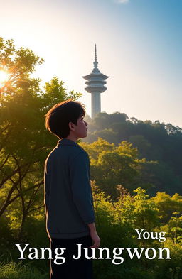 A beautiful morning view of Namsan Tower in Seoul, South Korea, bathed in soft, warm sunlight