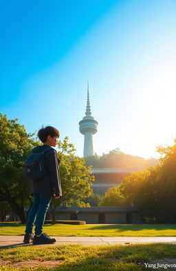 A beautiful morning view of Namsan Tower in Seoul, South Korea, bathed in soft, warm sunlight
