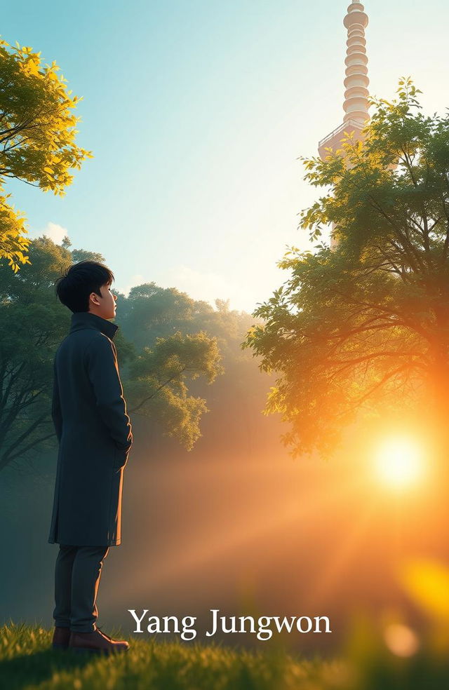 A beautiful morning view of Namsan Tower in Seoul, South Korea, bathed in soft, warm sunlight