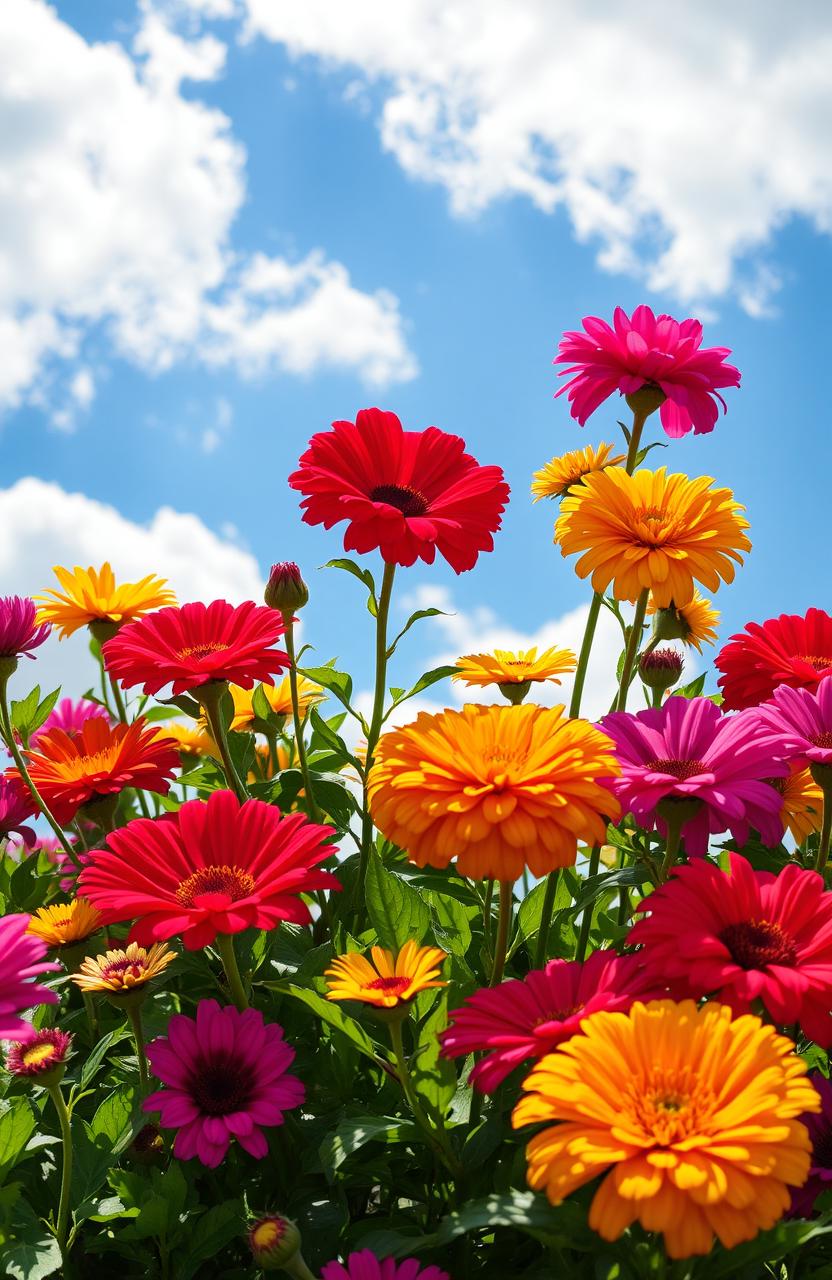 A vibrant and colorful scene of flowers in full bloom set against a backdrop of fluffy white clouds in a bright blue sky