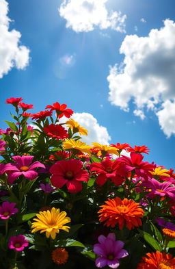 A vibrant and colorful scene of flowers in full bloom set against a backdrop of fluffy white clouds in a bright blue sky