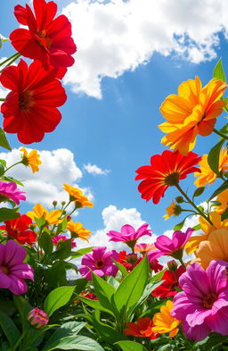 A vibrant and colorful scene of flowers in full bloom set against a backdrop of fluffy white clouds in a bright blue sky