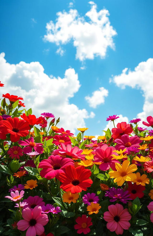 A vibrant and colorful scene of flowers in full bloom set against a backdrop of fluffy white clouds in a bright blue sky