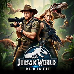 A thrilling movie poster for 'Jurassic World 4: Rebirth', featuring Chris Pratt and Scarlett Johansson in heroic poses amidst a vibrant jungle setting filled with dinosaurs