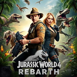A thrilling movie poster for 'Jurassic World 4: Rebirth', featuring Chris Pratt and Scarlett Johansson in heroic poses amidst a vibrant jungle setting filled with dinosaurs