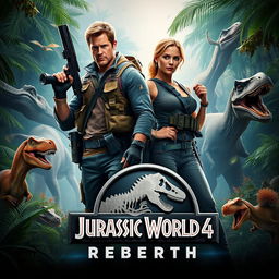 A thrilling movie poster for 'Jurassic World 4: Rebirth', featuring Chris Pratt and Scarlett Johansson in heroic poses amidst a vibrant jungle setting filled with dinosaurs