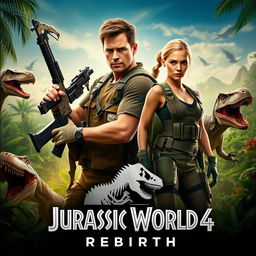A thrilling movie poster for 'Jurassic World 4: Rebirth', featuring Chris Pratt and Scarlett Johansson in heroic poses amidst a vibrant jungle setting filled with dinosaurs