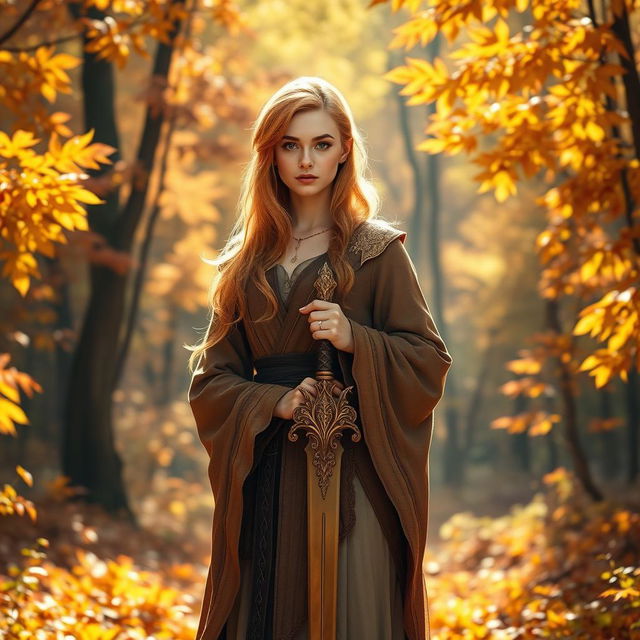 A female Autumn Eladrin standing gracefully in a vibrant forest filled with autumn foliage, her hair a blend of fiery orange and golden yellow, dressed in elegant robes that reflect the colors of the season