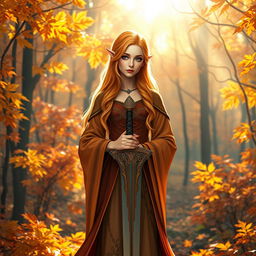 A female Autumn Eladrin standing gracefully in a vibrant forest filled with autumn foliage, her hair a blend of fiery orange and golden yellow, dressed in elegant robes that reflect the colors of the season