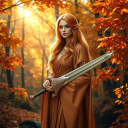 A female Autumn Eladrin standing gracefully in a vibrant forest filled with autumn foliage, her hair a blend of fiery orange and golden yellow, dressed in elegant robes that reflect the colors of the season