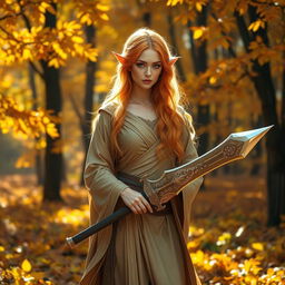 A female Autumn Eladrin standing gracefully in a vibrant forest filled with autumn foliage, her hair a blend of fiery orange and golden yellow, dressed in elegant robes that reflect the colors of the season