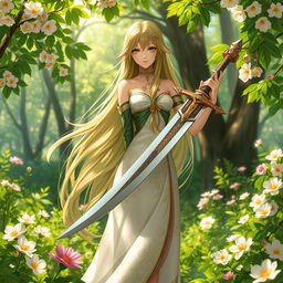 A female spring Eladrin character standing gracefully in a lush spring forest, surrounded by blooming flowers and vibrant greenery