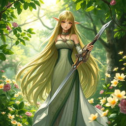 A female spring Eladrin character standing gracefully in a lush spring forest, surrounded by blooming flowers and vibrant greenery