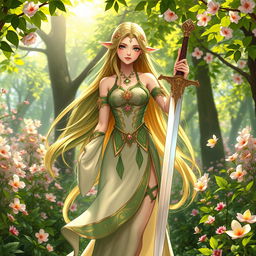A female spring Eladrin character standing gracefully in a lush spring forest, surrounded by blooming flowers and vibrant greenery