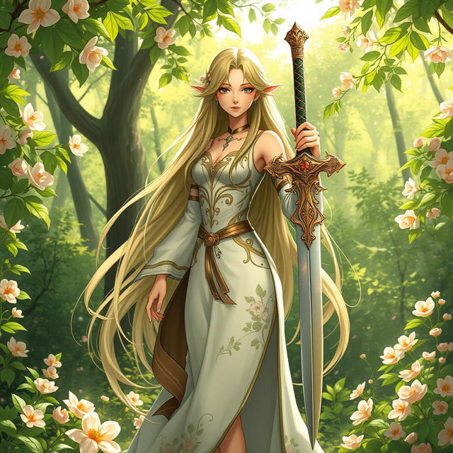 A female spring Eladrin character standing gracefully in a lush spring forest, surrounded by blooming flowers and vibrant greenery