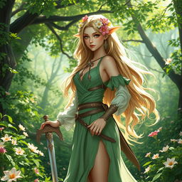 A beautiful female spring Eladrin warrior standing gracefully in a lush, vibrant forest during spring