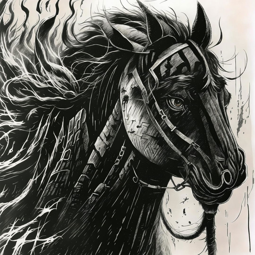 A detailed pencil sketch of Rengoku's horse in 90s anime style, featuring fiery mane, intense eyes, and a blazing fire in the background.