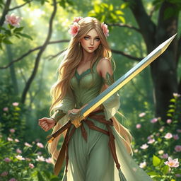 A beautiful female spring Eladrin warrior standing gracefully in a lush, vibrant forest during spring