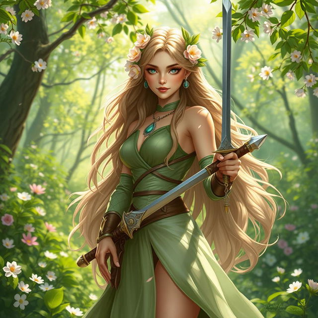 A beautiful female spring Eladrin warrior standing gracefully in a lush, vibrant forest during spring