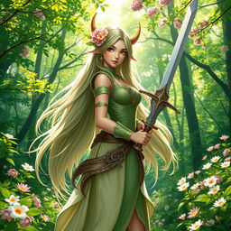 A beautiful female spring Eladrin warrior standing gracefully in a lush, vibrant forest during spring