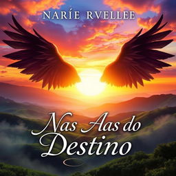 A book cover for a novel titled "Nas Asas do Destino" featuring a mystical and ethereal landscape