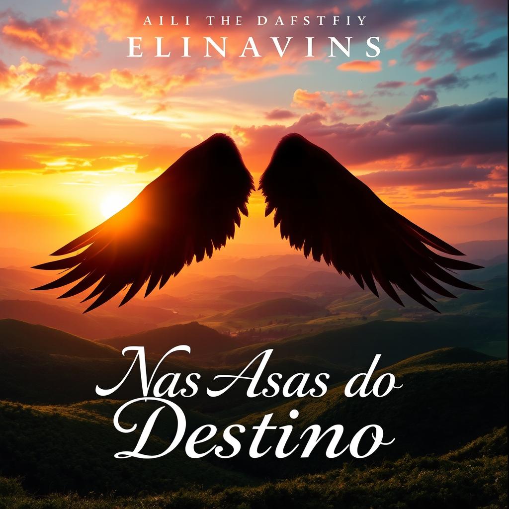 A book cover for a novel titled "Nas Asas do Destino" featuring a mystical and ethereal landscape