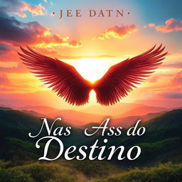 A book cover for a novel titled "Nas Asas do Destino" featuring a mystical and ethereal landscape
