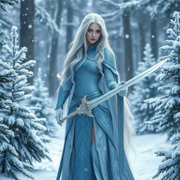 A female Winter Eladrin standing majestically in a snow-covered forest, adorned in intricate, icy blue armor that glimmers in the soft winter light
