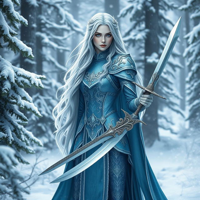 A female Winter Eladrin standing majestically in a snow-covered forest, adorned in intricate, icy blue armor that glimmers in the soft winter light