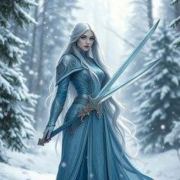 A female Winter Eladrin standing majestically in a snow-covered forest, adorned in intricate, icy blue armor that glimmers in the soft winter light