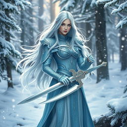 A female Winter Eladrin standing majestically in a snow-covered forest, adorned in intricate, icy blue armor that glimmers in the soft winter light