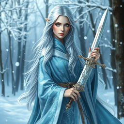 A stunning female Winter Eladrin character with long flowing silver hair, dressed in elegant icy blue and white robes adorned with intricate snowflake patterns