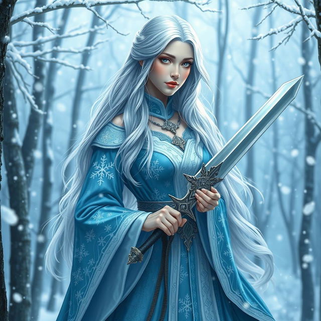 A stunning female Winter Eladrin character with long flowing silver hair, dressed in elegant icy blue and white robes adorned with intricate snowflake patterns