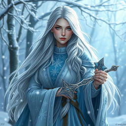 A stunning female Winter Eladrin character with long flowing silver hair, dressed in elegant icy blue and white robes adorned with intricate snowflake patterns