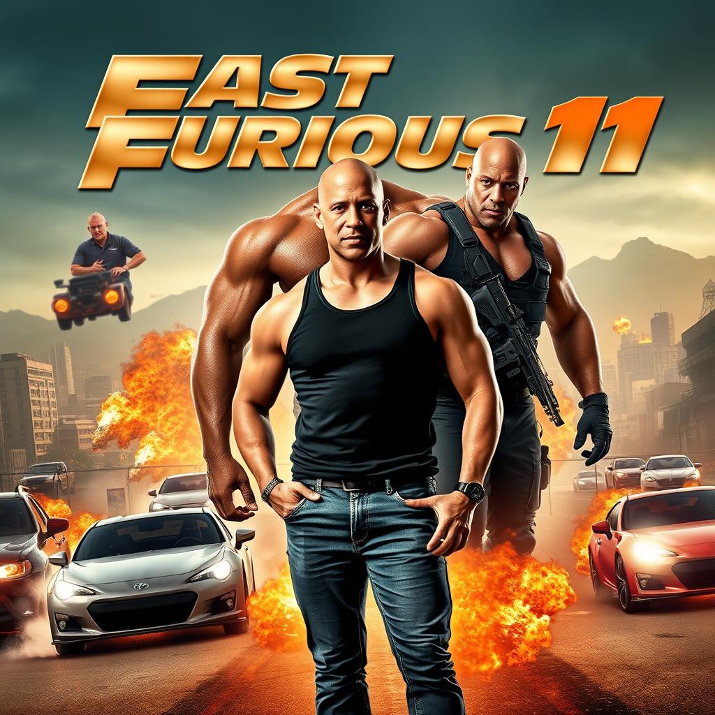 A dynamic movie poster for 'FAST & FURIOUS 11 Trailer (2026)', featuring Vin Diesel, Cody Walker, and Dwayne Johnson in an action-packed scene