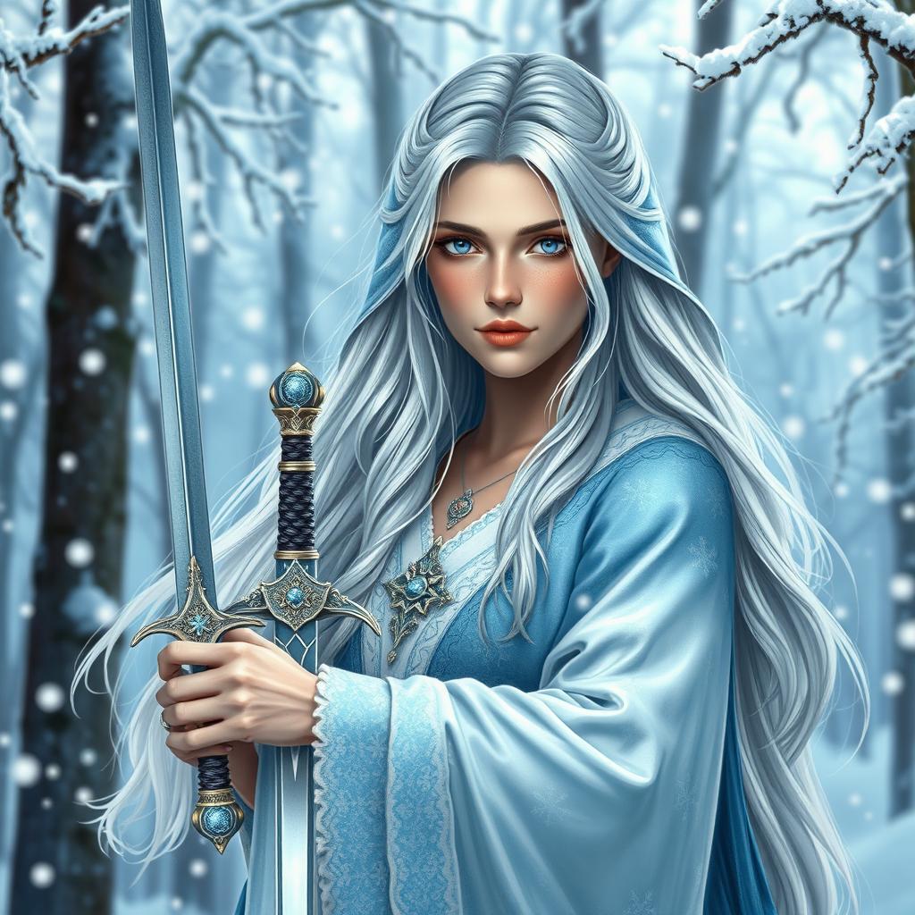 A stunning female Winter Eladrin character with long flowing silver hair, dressed in elegant icy blue and white robes adorned with intricate snowflake patterns