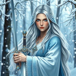 A stunning female Winter Eladrin character with long flowing silver hair, dressed in elegant icy blue and white robes adorned with intricate snowflake patterns