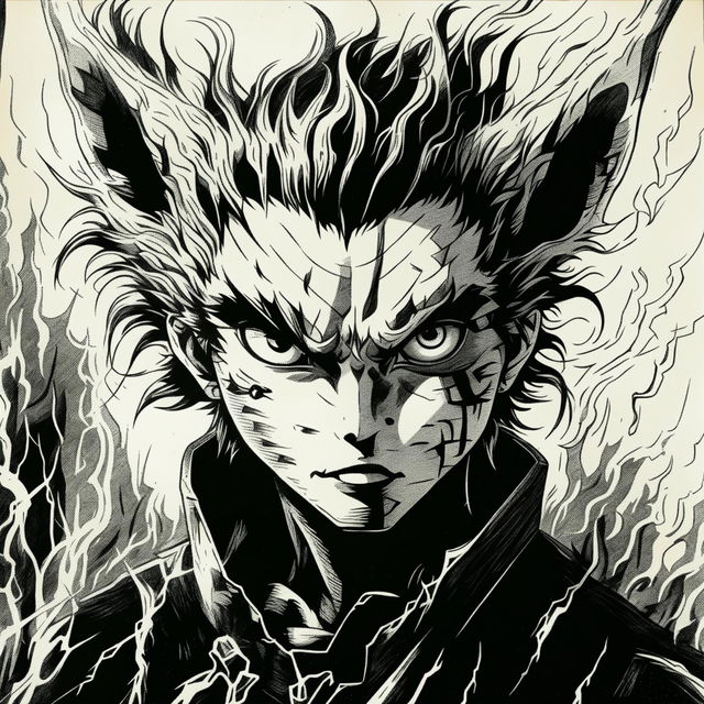 A detailed pencil sketch of Rengoku's dog in 90s anime style, featuring fiery fur, intense eyes, and a blazing fire in the background.