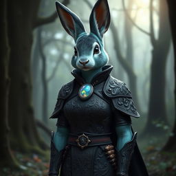 A humanoid female rabbit cleric with sea green fur featuring a black ombre fade on her arms, legs, and ears