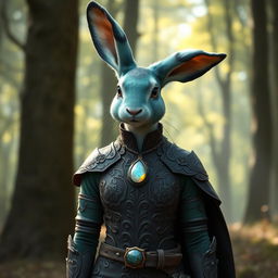 A humanoid female rabbit cleric with sea green fur featuring a black ombre fade on her arms, legs, and ears