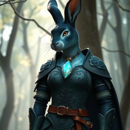 A humanoid female rabbit cleric with sea green fur featuring a black ombre fade on her arms, legs, and ears