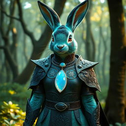 A humanoid female rabbit cleric with sea green fur featuring a black ombre fade on her arms, legs, and ears