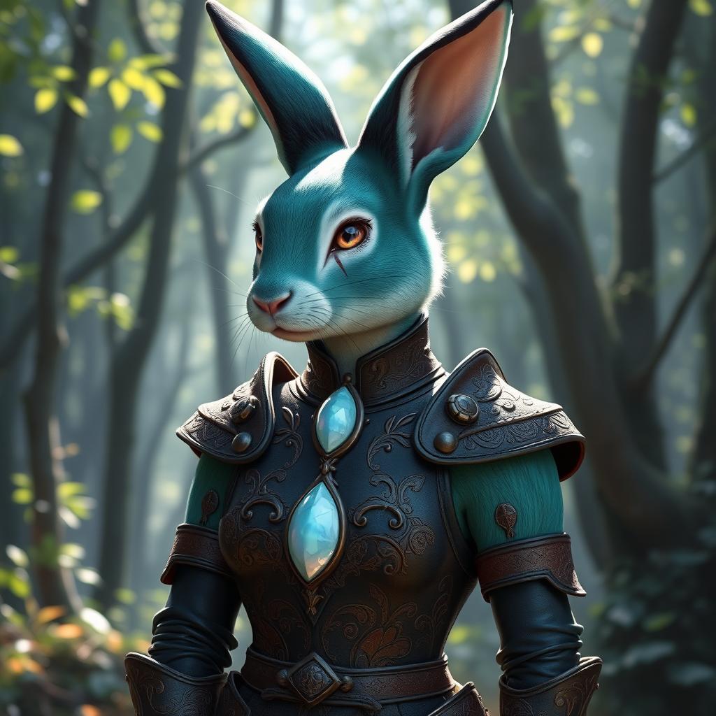 A humanoid highly feminine female rabbit cleric with sea green fur that features a striking black ombre fade on her arms, legs, and ears