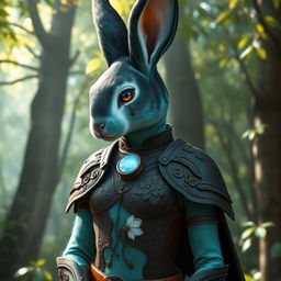 A humanoid highly feminine female rabbit cleric with sea green fur that features a striking black ombre fade on her arms, legs, and ears