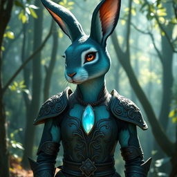 A humanoid highly feminine female rabbit cleric with sea green fur that features a striking black ombre fade on her arms, legs, and ears