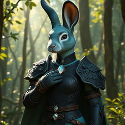 A humanoid highly feminine female rabbit cleric with sea green fur that features a striking black ombre fade on her arms, legs, and ears