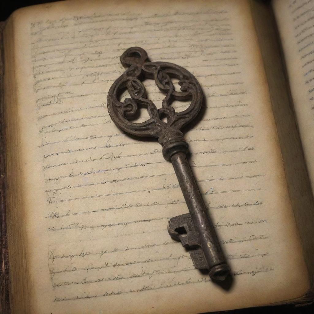 An intricately designed, antique key placed gently on top of a well-aged demonology book with visible signs of wear and distinct Gothic lettering