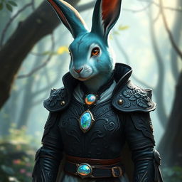 A humanoid highly feminine female rabbit cleric with sea green fur featuring a stunning black ombre fade on her arms, legs, and ears