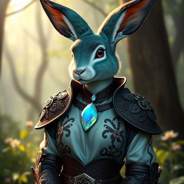 A humanoid highly feminine female rabbit cleric with sea green fur featuring a stunning black ombre fade on her arms, legs, and ears